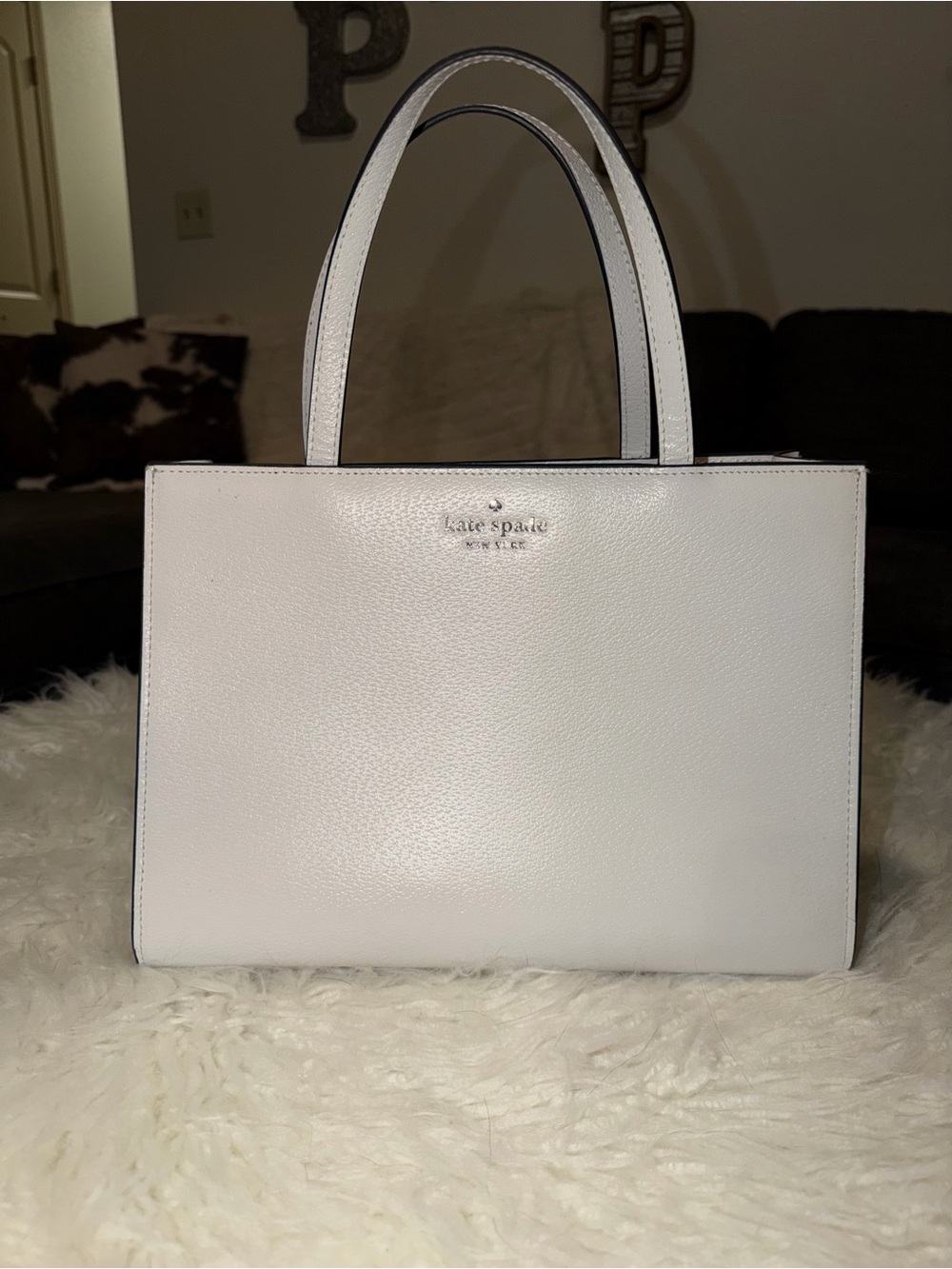 KATE SPADE // White Structured Leather Tote with Top Handles - Picture 1 of 6